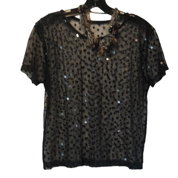 Cache Black Sheer Peek A Boo Mesh Sequin Encrusted Top Stretch Event Date - Picture 1 of 11